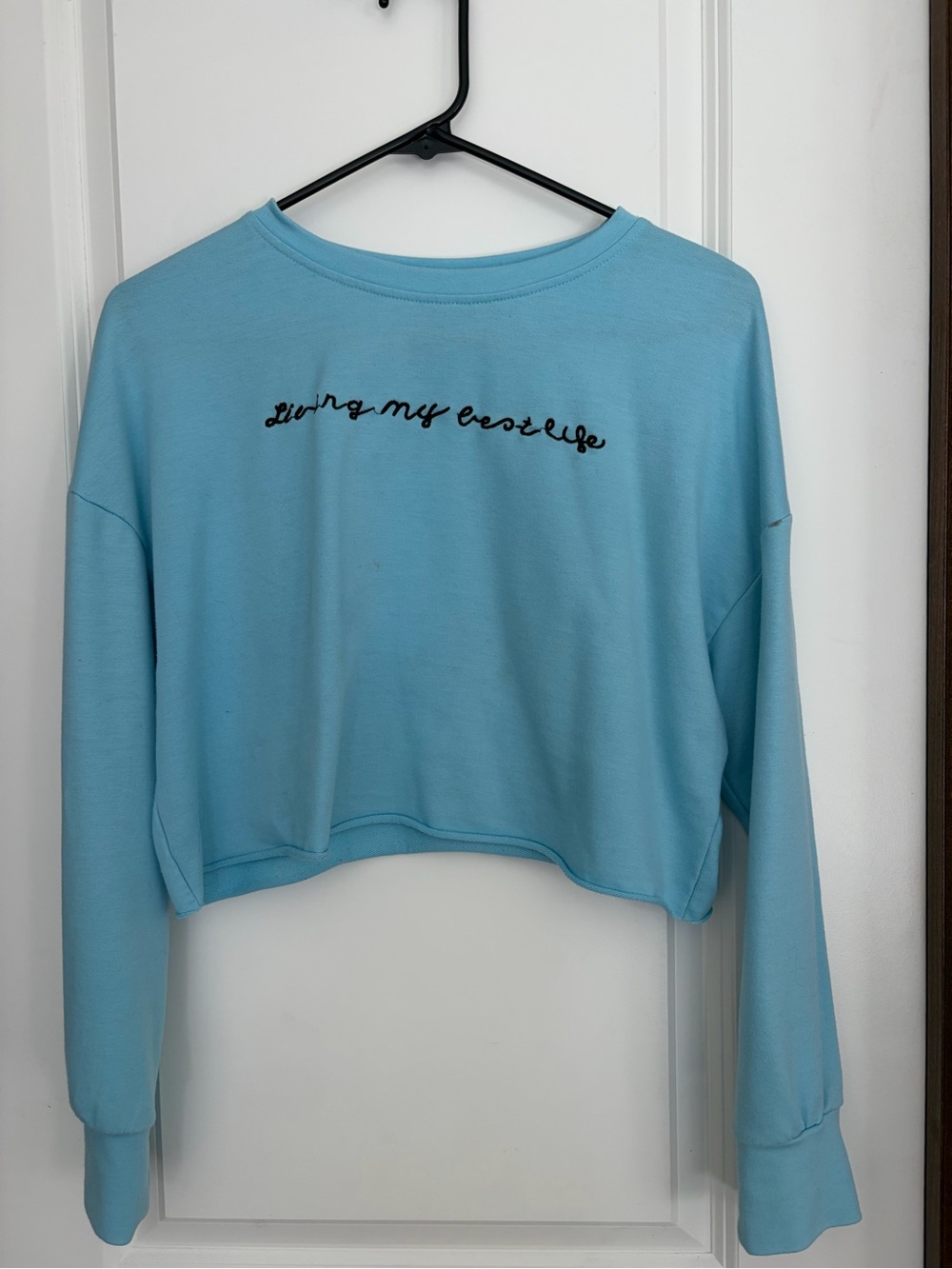 SHEIN Light Blue Cropped Crewneck Sweatshirt with Script